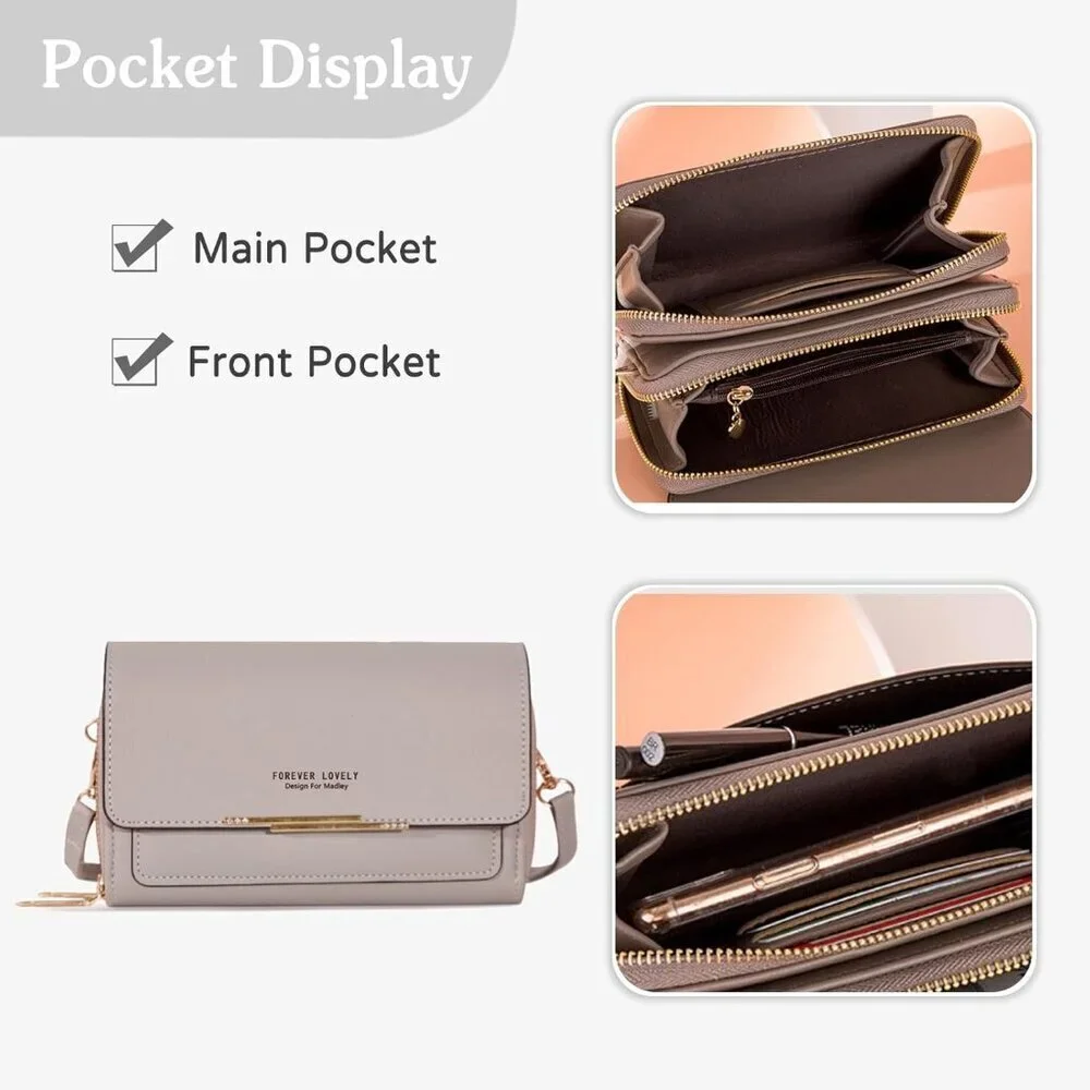 Women's PU Wallet Crossbody Phone Bag Clutch Purse for Travel and Party Grey